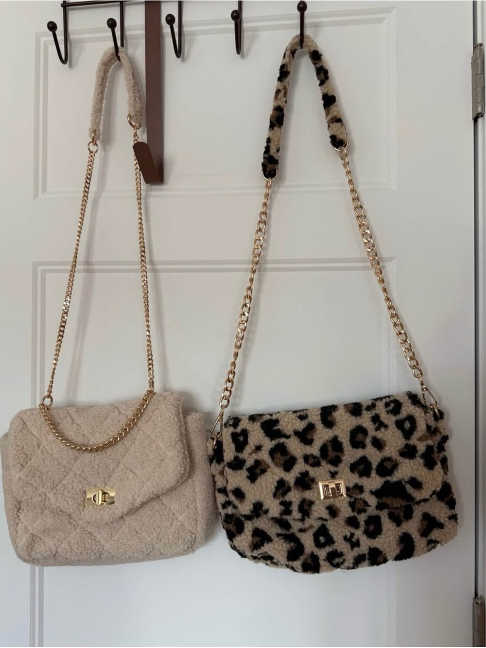 Faux Sherpa Chain Shoulder Bag - Beige and Leopard - Set of 2